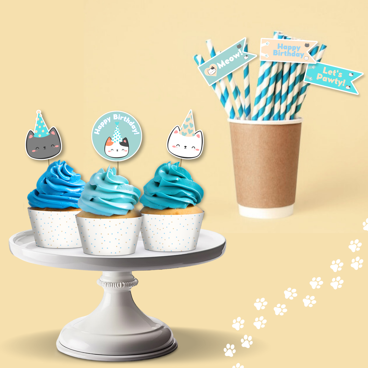 Cat Cake topper DIGITAL Kitty Party Decoration | Blue and Green Cat cupcake toppers and cat stickers - instant download stickymomshop cat straw toppers