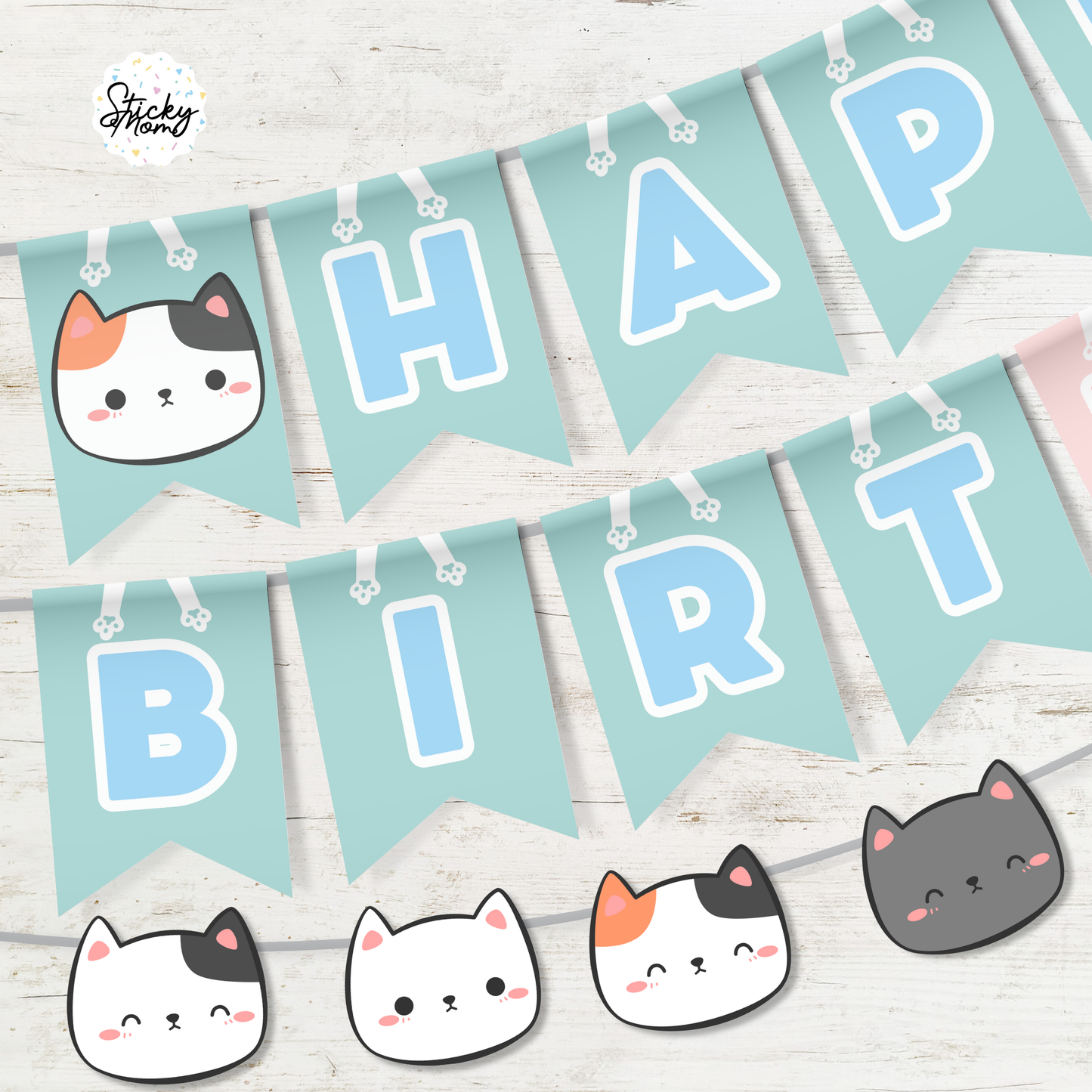 Cat Birthday Party Garland DIGITAL | Blue and Green Cat banner and Cat Poster - instant download kitten party stickymomshop