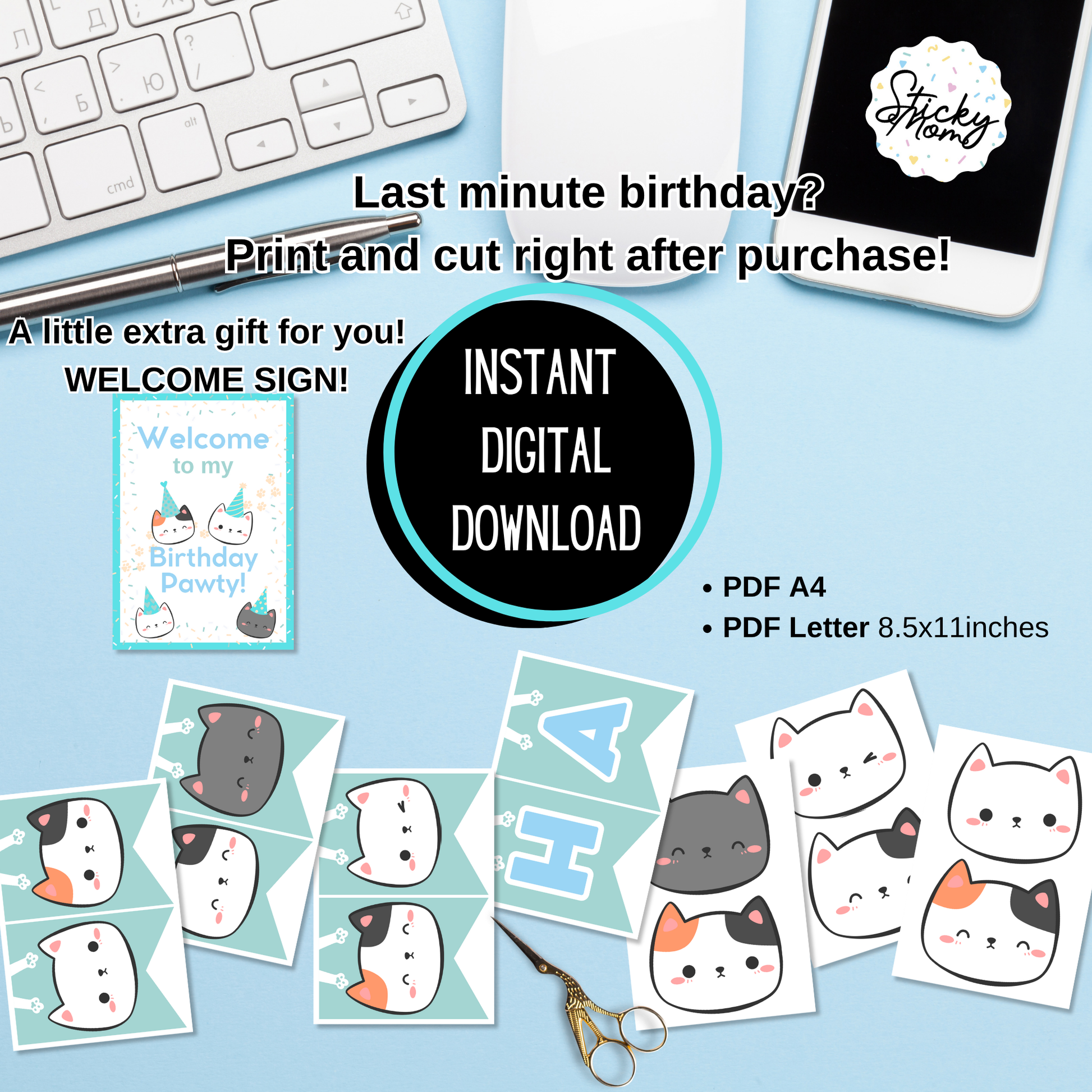 Cat Birthday Party Garland DIGITAL | Blue and Green Cat banner and Cat Poster - instant download kitten party Stickymomshop.de