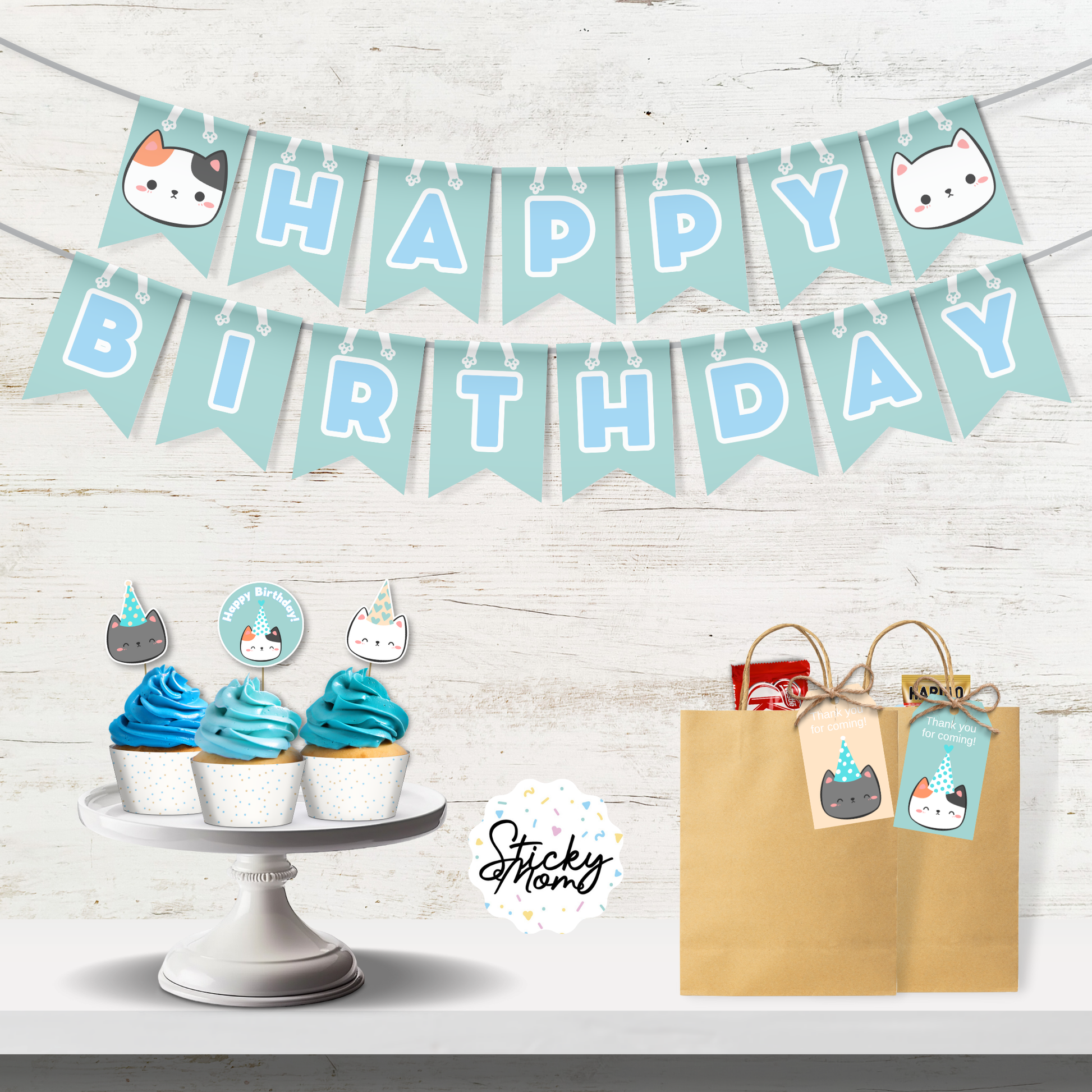 Cat Birthday Party Garland DIGITAL | Blue and Green Cat banner and Cat Poster - instant download kitten party!