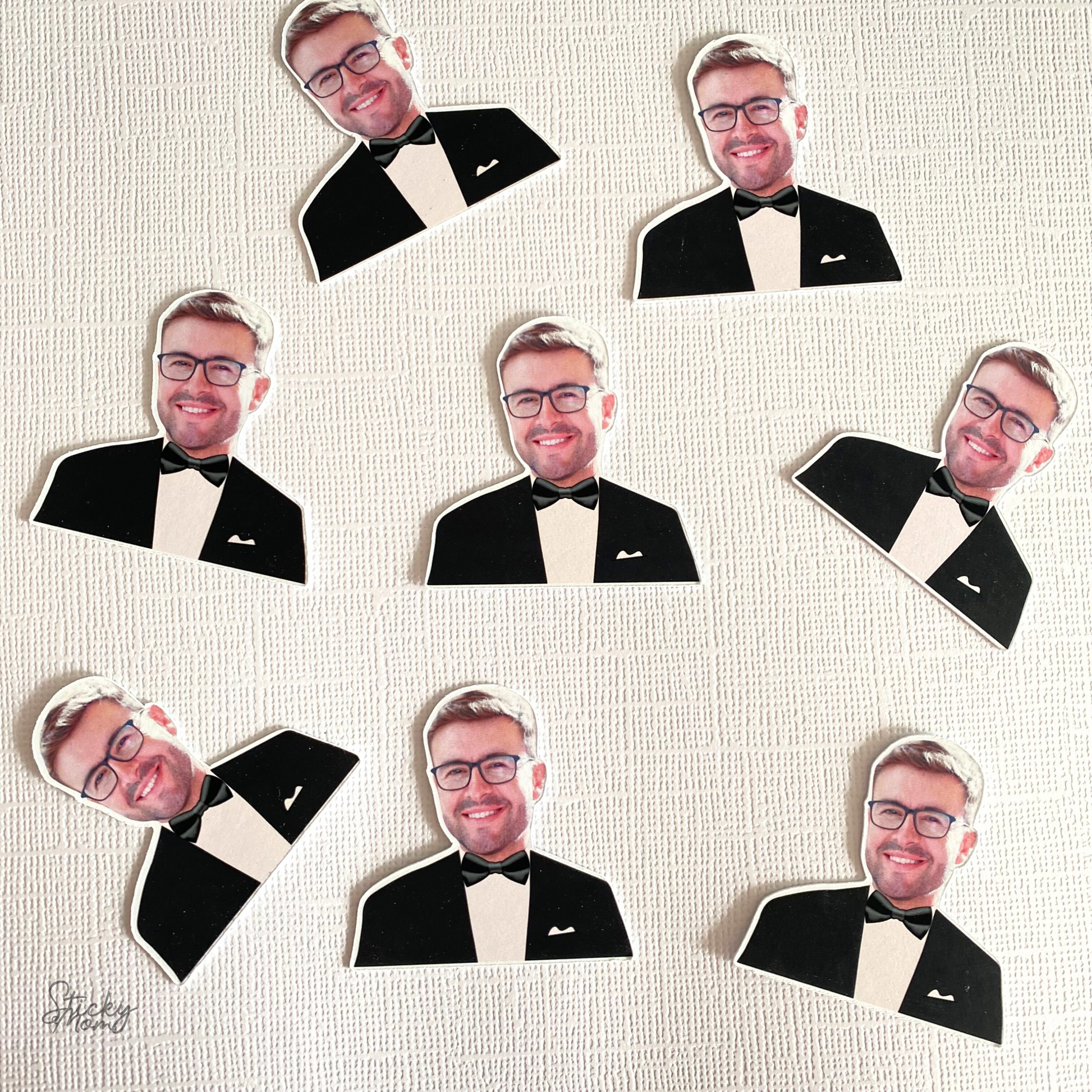 Confetti photo of a man in a tuxedo with a bow tie for hen do party, hen do party ideas, bridal shower decorations, man party