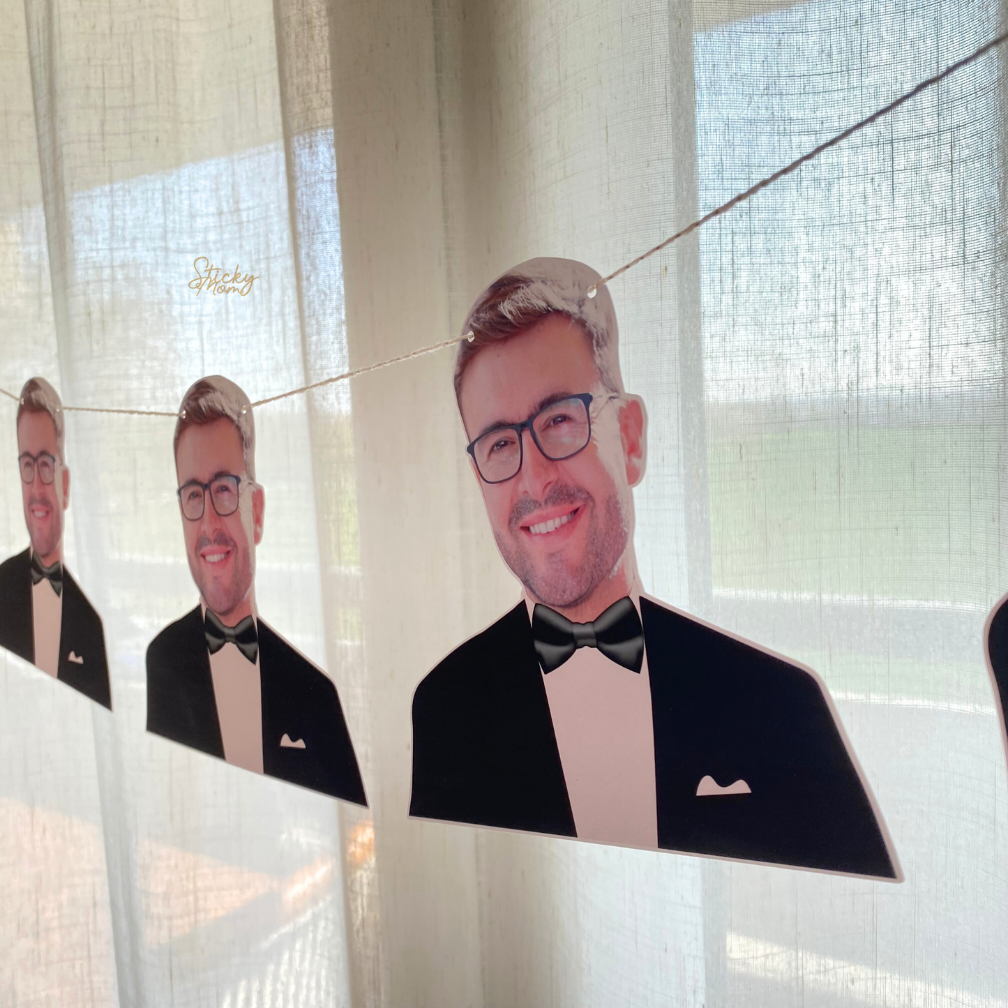 Banner face of a man in a tuxedo with a bow tie for hen do party, hen do party ideas, bridal shower decorations, man party