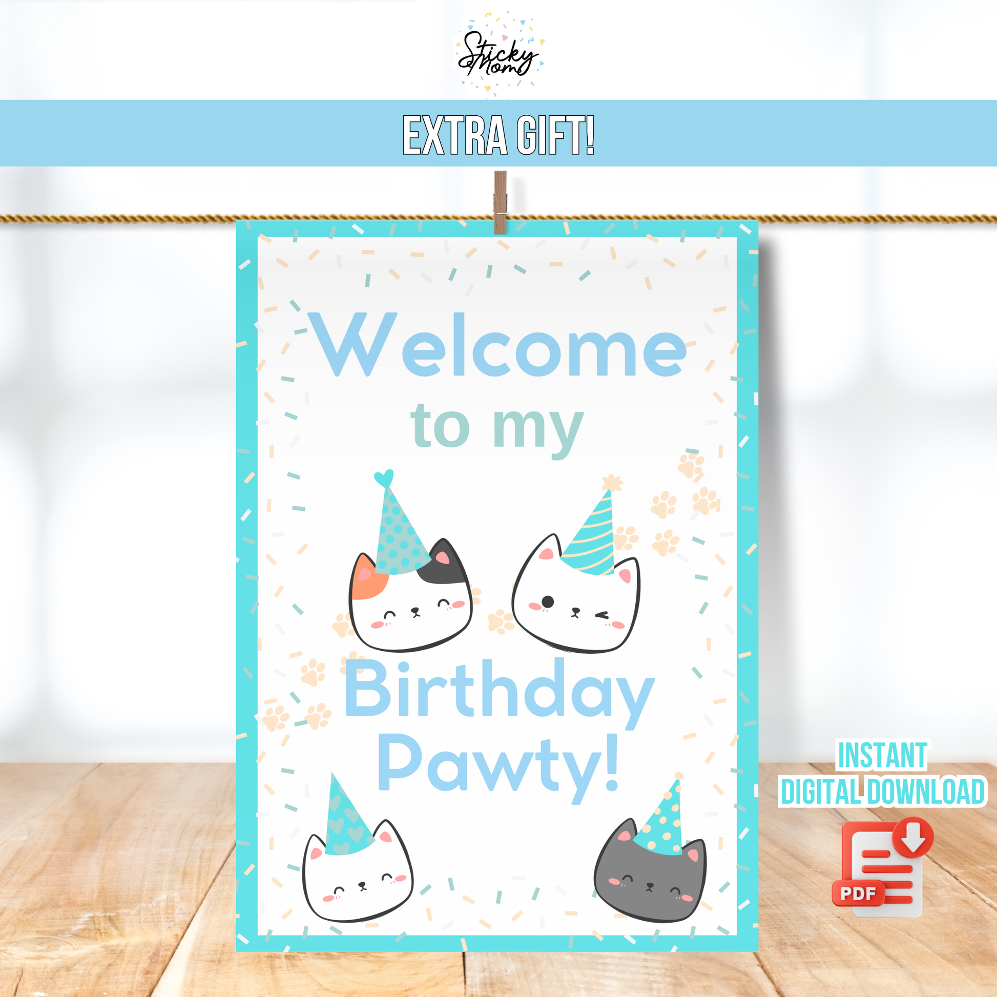 Cat Birthday Party Welcome sign DIGITAL | Blue and Green Cat banner and Cat Poster - instant download kitten party! Stickymomshop.de
