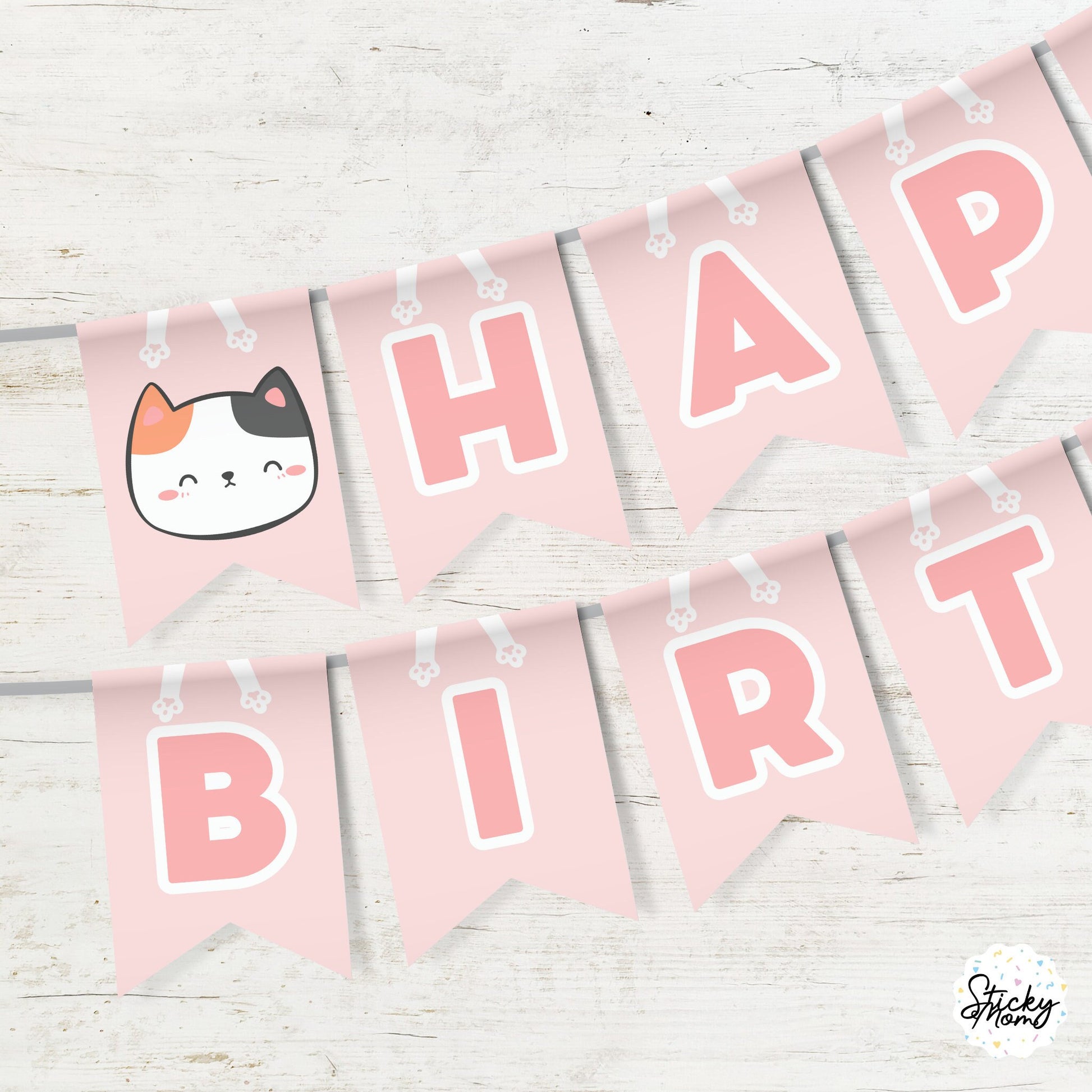 INSTANT DOWNLOAD - Printable Cat Happy Birthday Banner - Printable Bunting - diy birthday party decoration - pink blue - glasses kitty