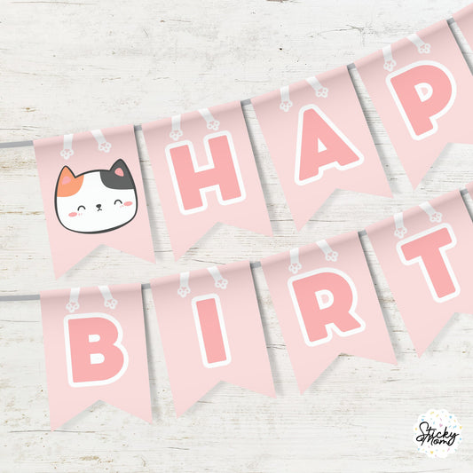 INSTANT DOWNLOAD - Printable Cat Happy Birthday Banner - Printable Bunting - diy birthday party decoration - pink blue - glasses kitty